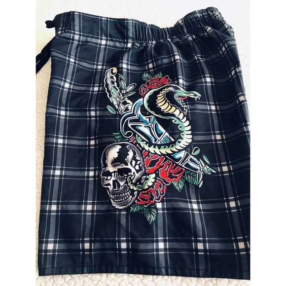 Joe Boxer Mens Plaid Blue Swim Trunks with Colorful Designs - Picture 2 of 7